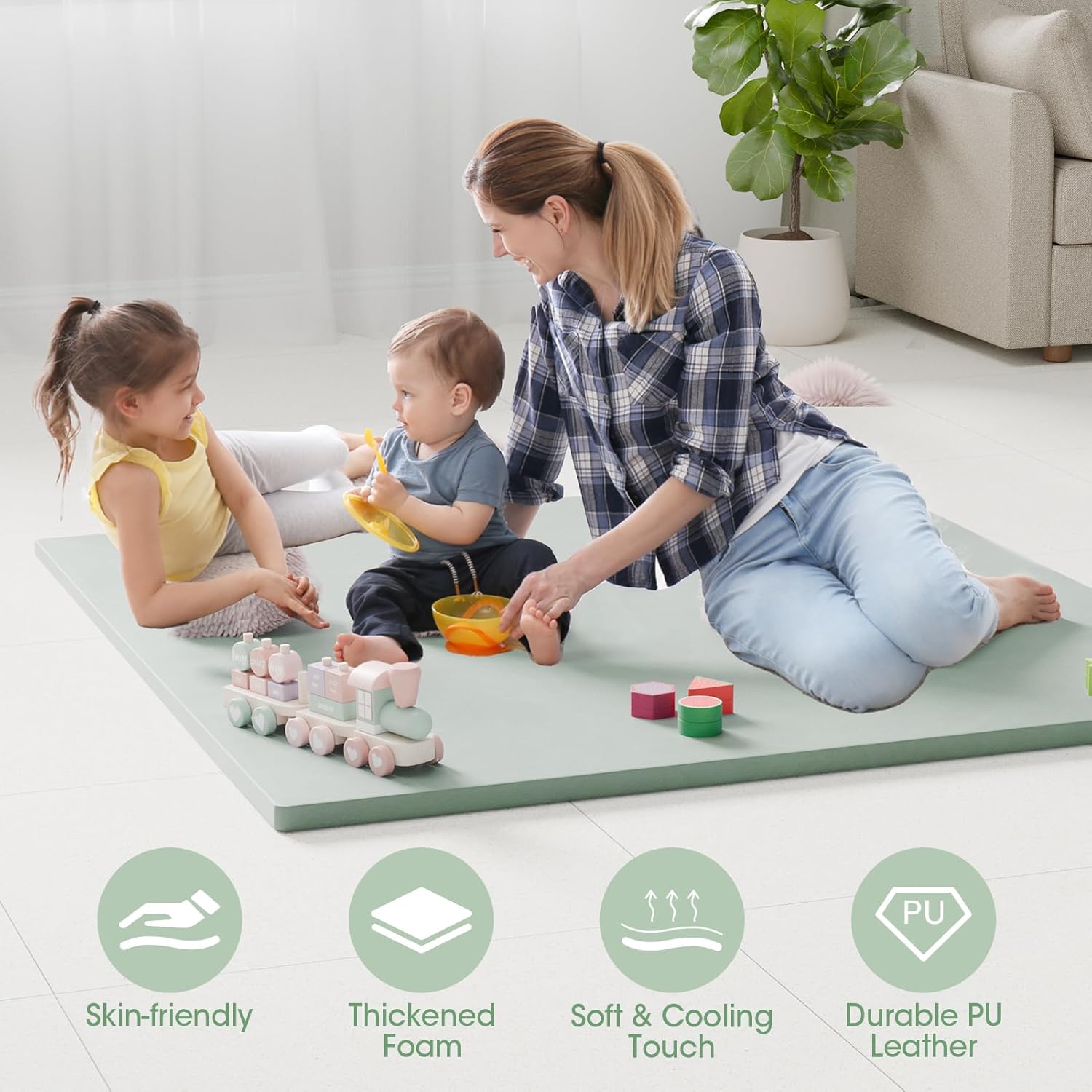 Baby Play Mat for Floor, 50x50 Vegan Leather Playpen Mat, Thickened Foam Cushioned Mat for Infants and Toddlers, Waterproof, Non-Slip & Stylish Playmat for Babies, Easy to Clean, Green