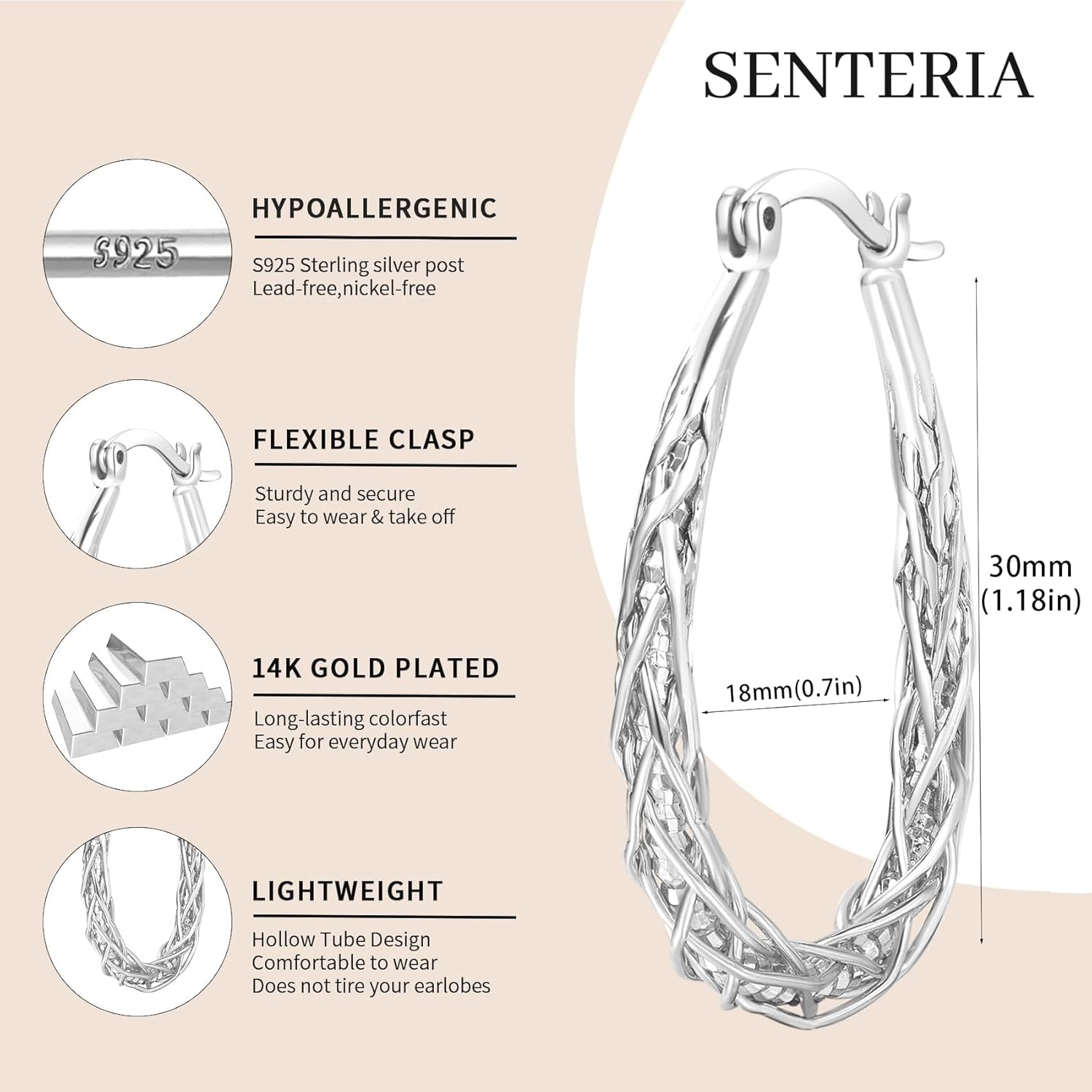 Senteria Sterling Silver Hoop Earrings - Medium, Lightweight, Thick Twist Oval Hoops - Image 4