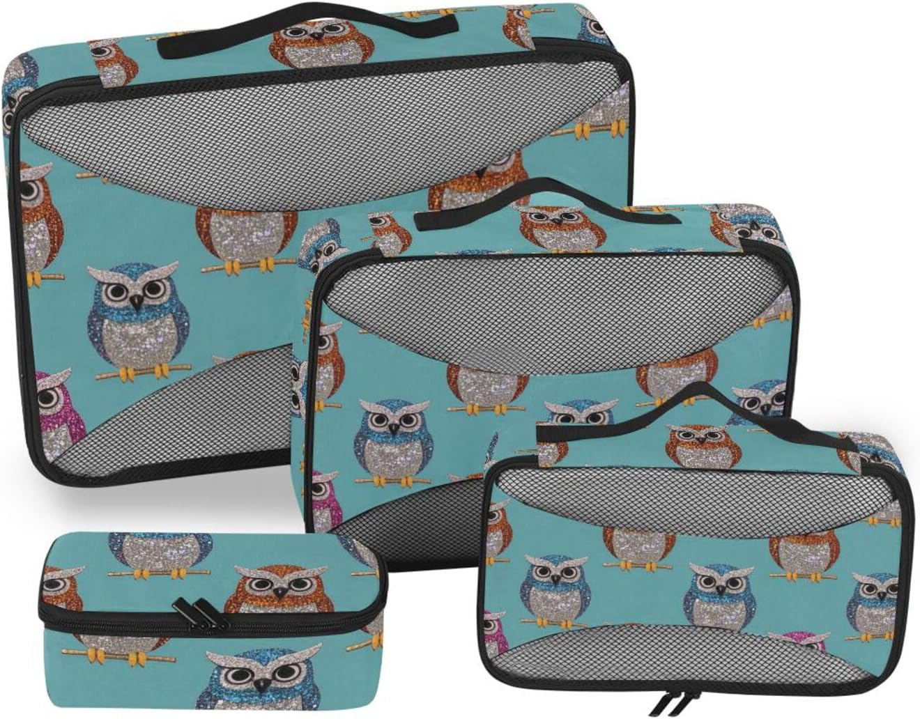 Fake Glitter Cartoon Owl Blue 4 Pcs set organizer travel case Mesh Travel Essentials expandable cubes for packing