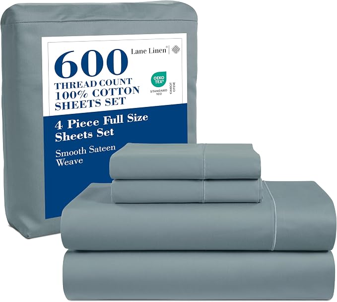 Dark Denim - LANE LINEN 600 Thread Count Full Sheets Set, 100% Cotton Sheets Fully Elasticized Fitted, European Closure Pillowcases Full Size Bed Set, Soft Sateen Weave Luxury Hotel Sheets