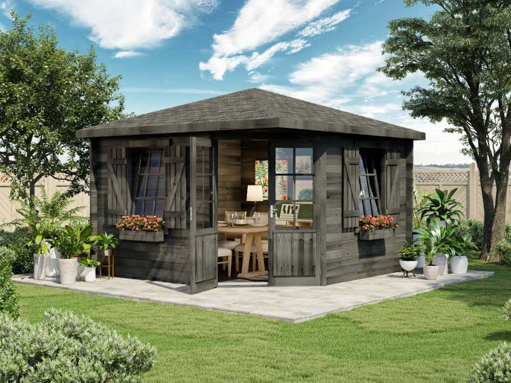 Alpholz 5-Eck Gartenhaus Monica Royal Gartenhaus aus Holz in Grau, Holzhaus mit 28 mm Wandstärke, Blockbohlenhaus mit Montagematerial