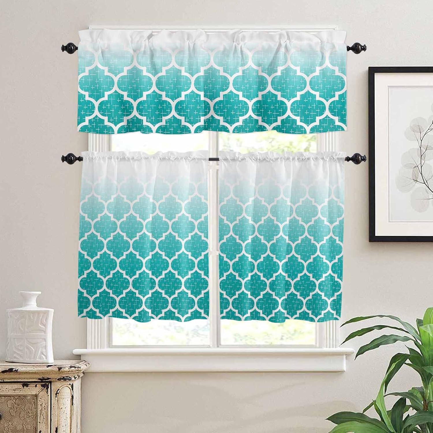 3 Pieces Kitchen Curtains and Valances Set Tier Curtains Moroccan Teal Ombre Winter Short Curtain Rod Pocket Window Curtain Panels Geometric Pattern Gradient (Single Panel 54"x18",2 Tiers 27.5"x24")