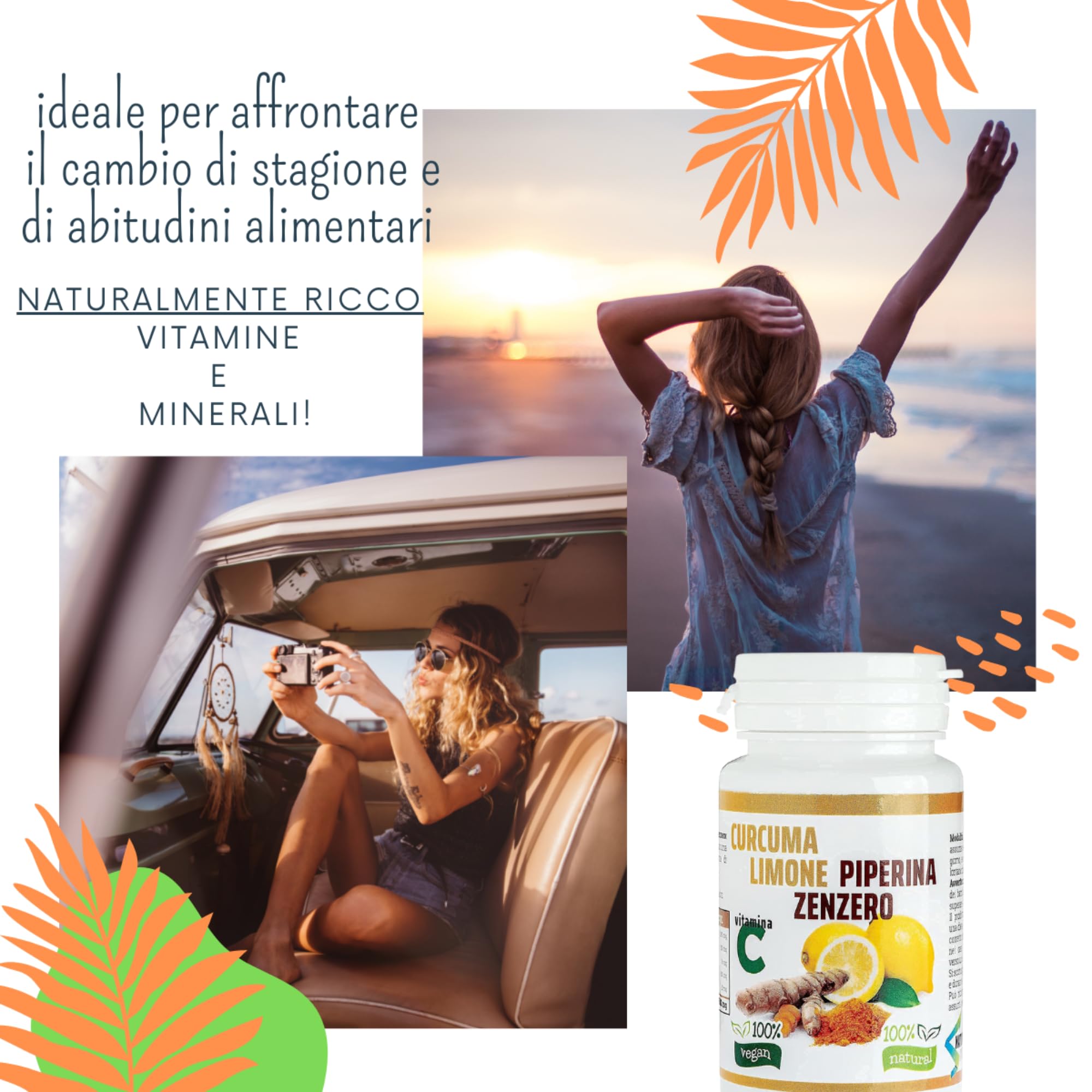 Curcuma Piperina e Vitamina C plus Limone e Zenzero. Dose Forte di Curcuma 5000 mg e Vitamina C + Piperina + Zenzero 130 Compresse Vegane Senza Zuccheri e senza Glutine, Made in Italy