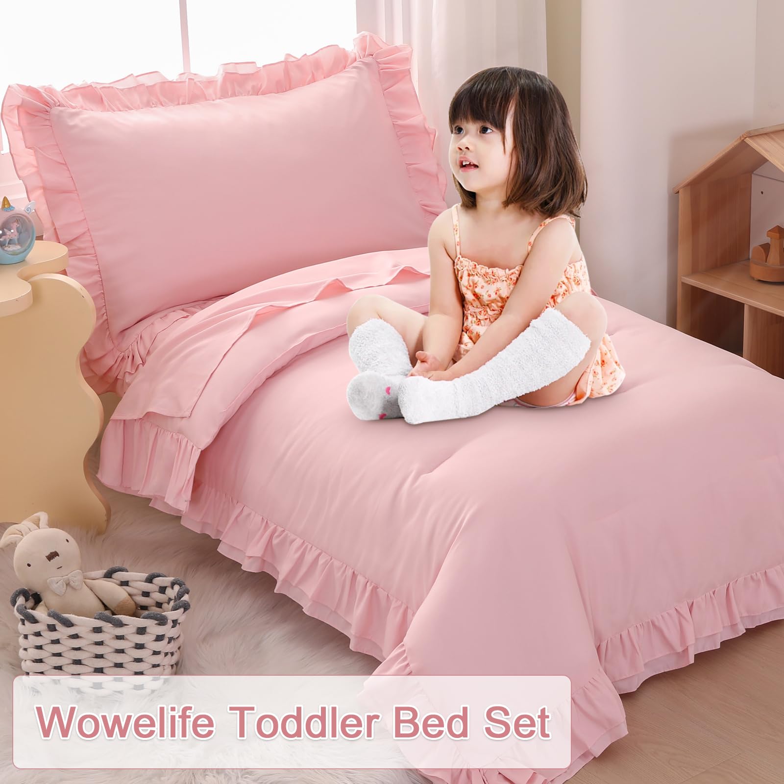 Juego de ropa de cama rosa claro, ropa de cama de 4 piezas para niñas pequeñas, edredón bohemio con diseño de volantes, juego suave y transpirable con edredón, sábana bajera, sábana encimera
