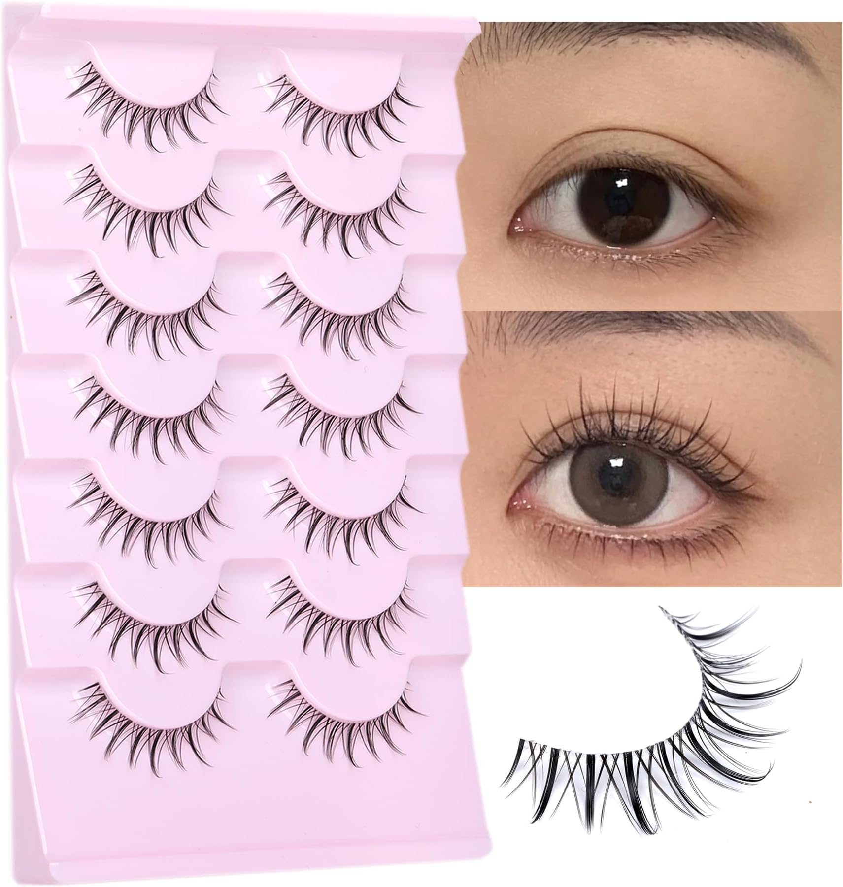 EYDEVRO Manga Eyelashes - Natural Look Anime Lashes with Clear Band - Asian Korean Style - Cute Anime Eyelashes - Wispy 3D Lashes - 7 Pairs Pack
