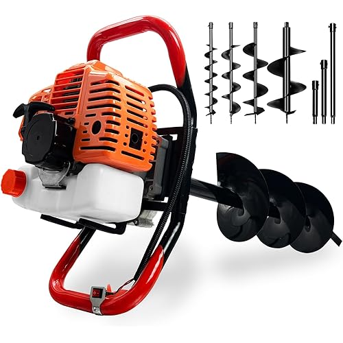 Post Hole Digger Earth Auger, Gas Powered 62cc 1.9HP 2-Stroke Engine, with 3 Drill Bits 3" & 5" & 8" and 24" & 24"& 24" Extension Rods, for Fence Post, Garden, Farmland, EPA Compliant