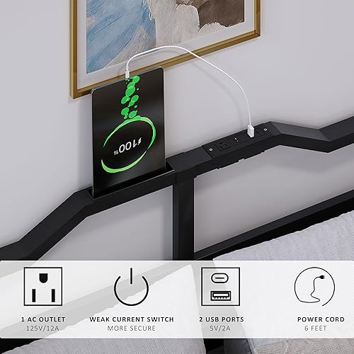 Miniatura 3 de Marco de cama de 14 pulgadas de metal - Base de cama de tamaño matrimonial de alta resistencia con estación de carga y cabecera, listones de acero