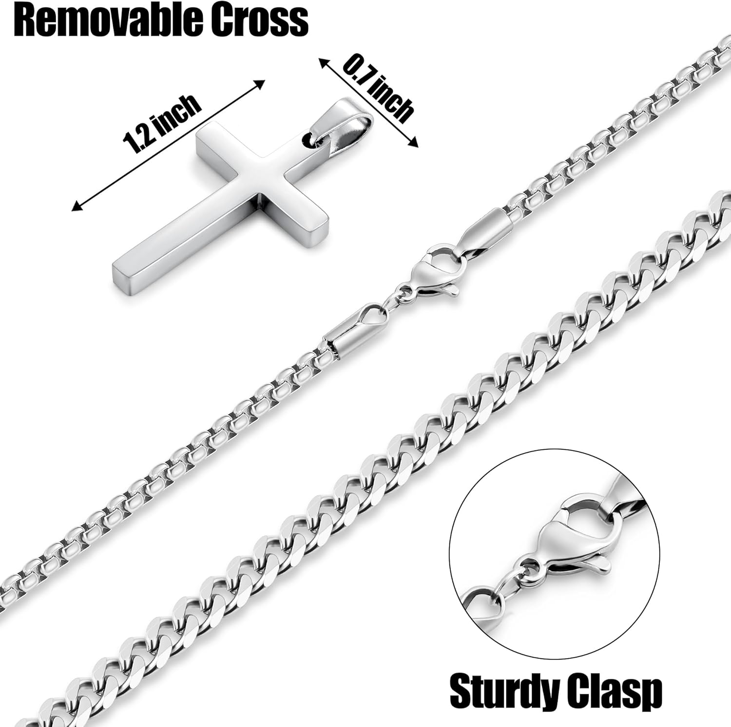 Fiusem Valentines Gifts for Him - 2 Pcs Cross Chain Necklace for Men and Women, Silver/14K Gold Plated/Black Layered Mens Cross Necklaces Stainless Steel Cross Pendant with Cuban Link and Box Chain 16-26 Inch - Image 4