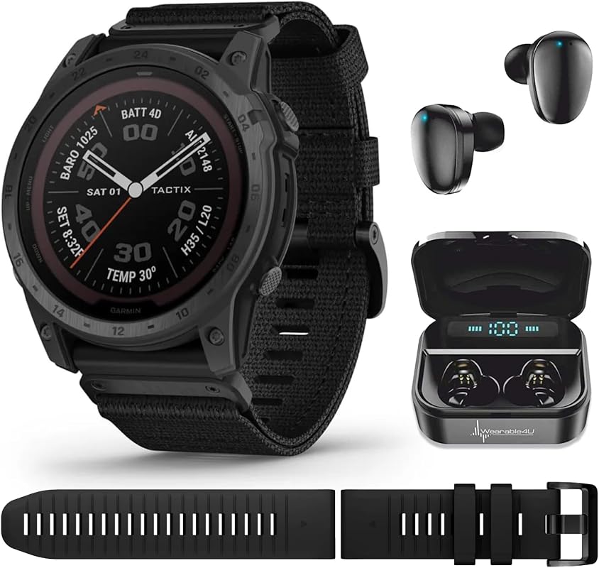 Garmin tactix 7 Pro tactical watch on wrist, Wearable4U earbuds and Garmin watch bundle, tactix 7 Pro flashlight feature in dark, Garmin comparison table tactix vs fenix