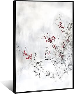 Snowberries Winter Botanical Poster Picture, Minimalist Christmas Wall Art Prints – Red Berry Branch Painting, Modern Holiday Decor, Nordic Winter Nature Artwork 8x12in BlackFramed