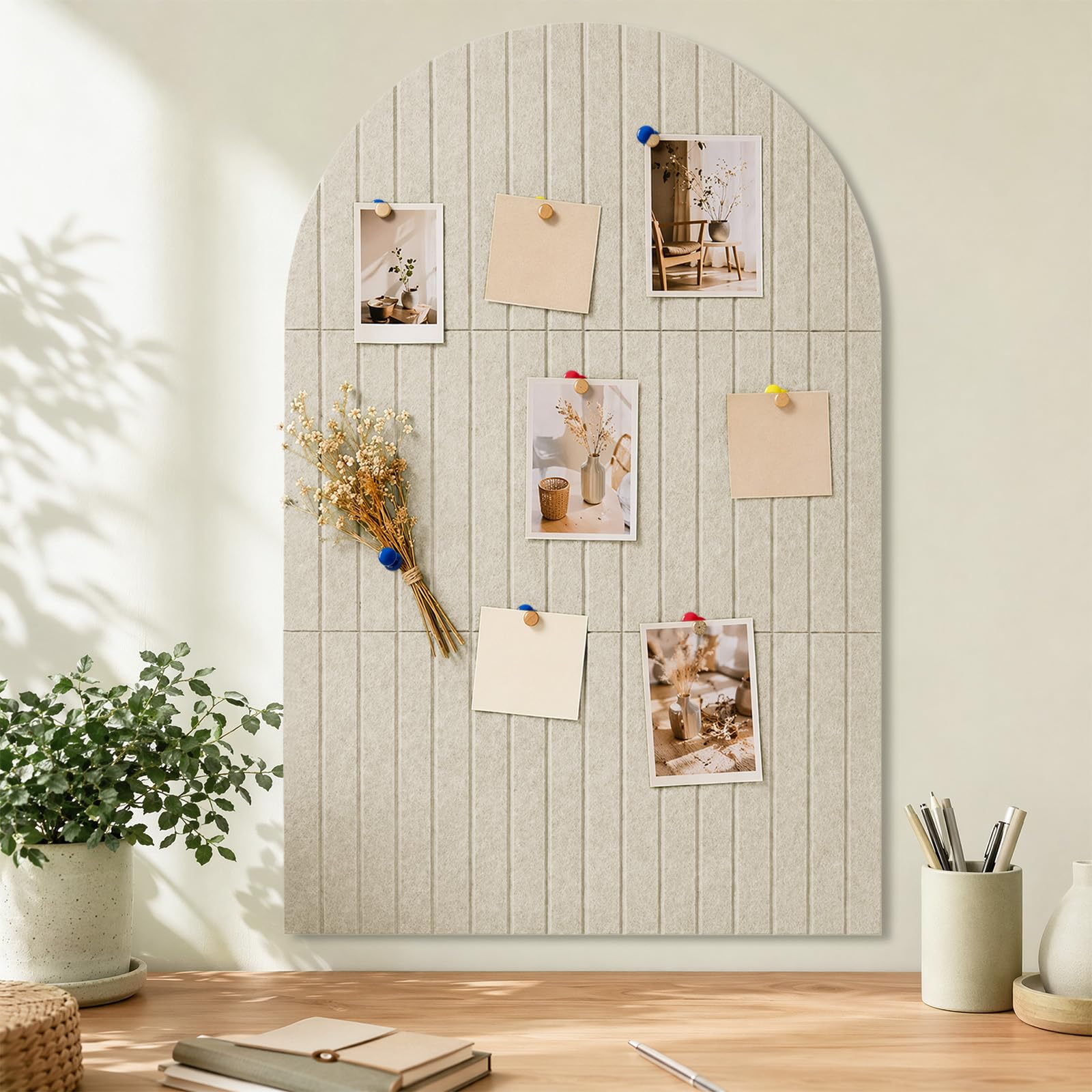 KinHaven Arched Felt Bulletin Board 90x60CM - Large Cork Board Alternative, 6 Pack 9mm Felt Tiles with 30 Adhesive Tabs & 30 Pushpins for Wall, Oatmeal