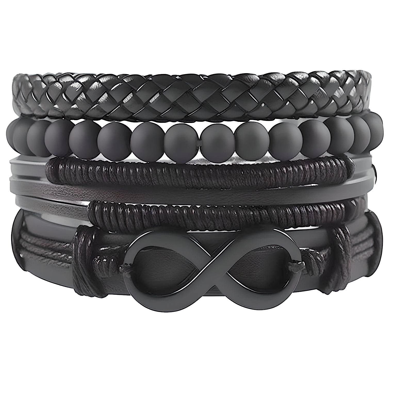 QUADRA-FUSION INFINITY BLACK - Leather Bracelet Set, 4pcs Black Genuine Braided Leather Bracelets, Tribal Woven Ethnic Wrap Infinity Bracelet for Men & Boys (8inch)-image-16