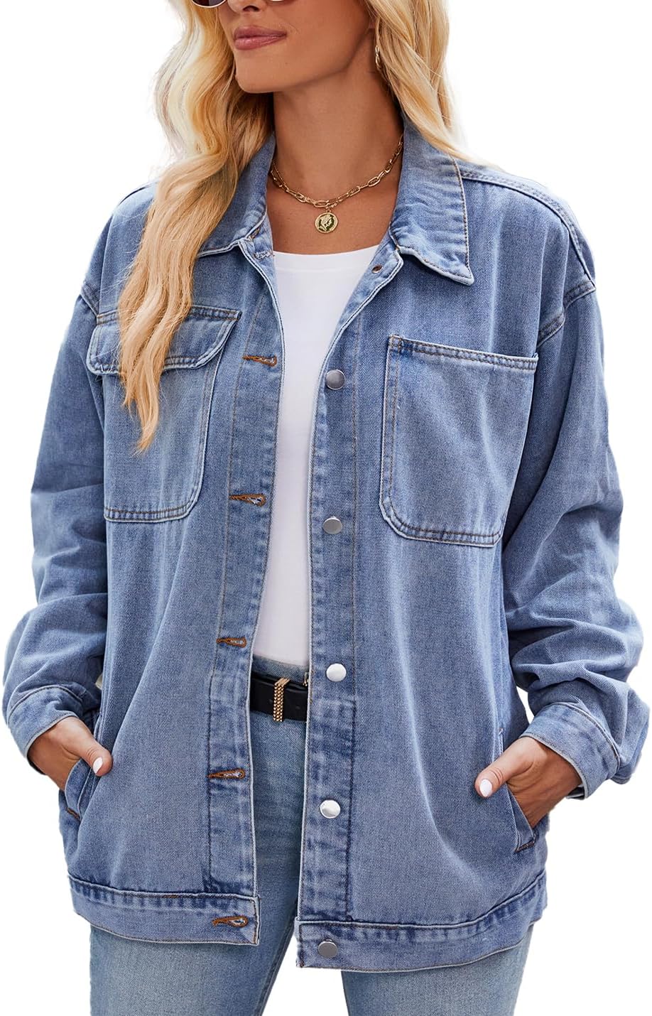 Women's Vintage Casual Denim Jacket Loose Button Down Lapel Long Sleeve Jacket Shacket Coat