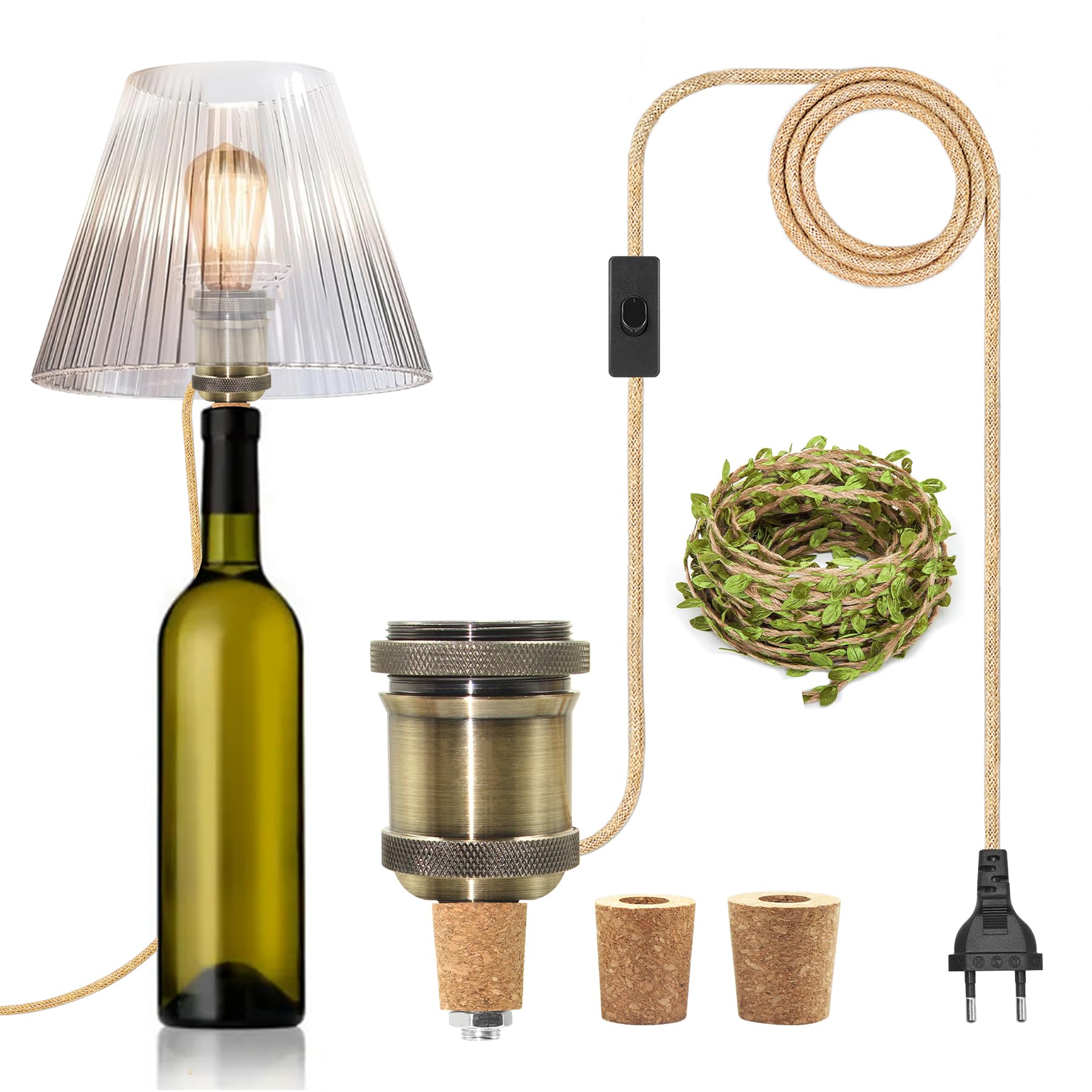 Portalámparas para botella de vino E27, lámpara de mesa con botella de metal, kit para botella de vino color bronce con cable decorativo verde de 5 m