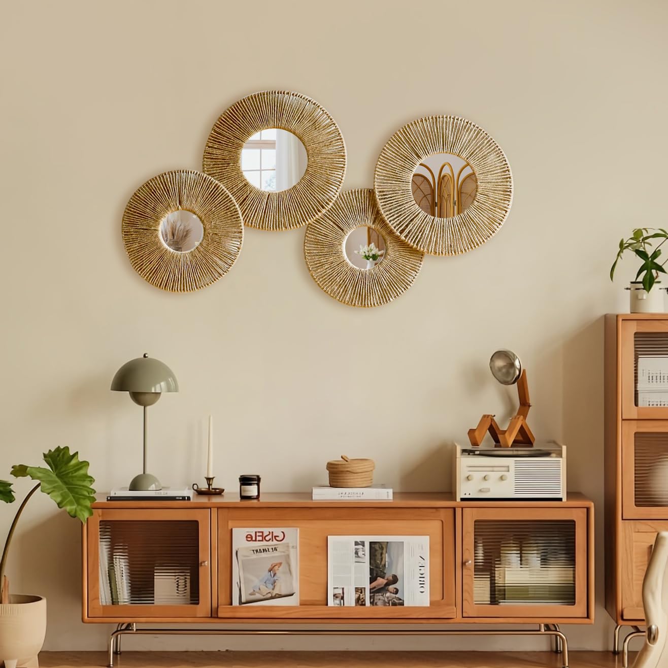 Juego de 4 cestas colgantes para pared, cesta de mimbre tejida decorativa bohemia para colgar en la pared, espejos redondos rústicos, yute natural, decoración del hogar, dormitorio, sala de estar | Cesta de mimbre tejida, yute rústico de granja, dormitori