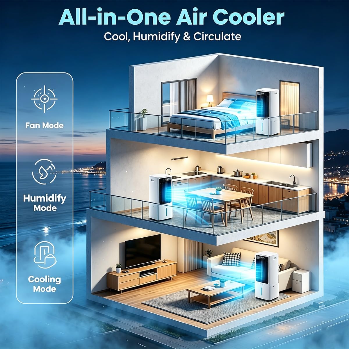 Raffrescatore Portatile Evaporativo con Serbatoio da 25L - Telecomando, 3 Velocità, Ventilatore Senza Finestra, Timer 12H, Raffrescatore per Soggiorno & Camera da Letto