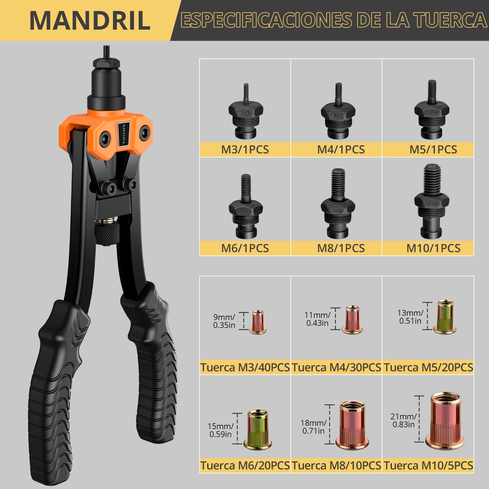 AMTOVL 12” Remachadora de Tuercas Pistola Remachadora Profesional con 6 Mandriles Métricos 125PCs Tuercas M3 M4 M5 M6 M8 M10 Remachadora Manual con Llave Multifuncional de Mango Antideslizante | Alicates de tuerca de remache, 125 tuercas de remache, mandr