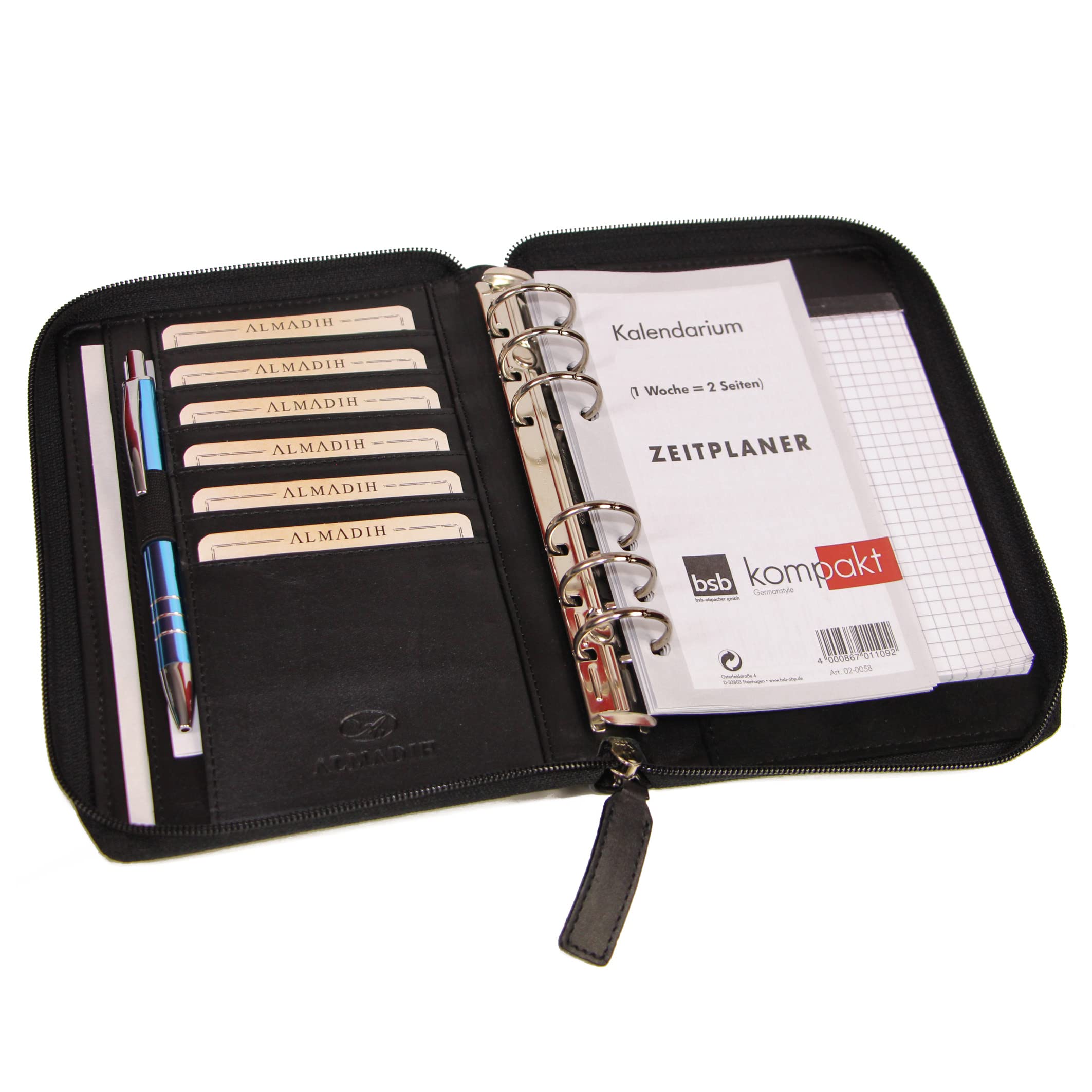 ALMADIH Leder A6 Organizer mit Reißverschluss, Kalender 2026 Notizblock Premium Rindsleder Schwarz in Geschenkbox Ledermappe Mappe Schreibmappe Terminplaner Terminkalender Aktenmappe (A6-O-S)