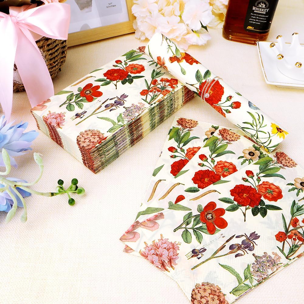 Floral Napkins Paper 50 Pcs Wildflower Napkins Disposable Vintage Cocktail Napkin Paper Guest Hand Towels Decorative Dinner Napkin for Spring Wedding Birthday Tea Party Decorations 4.3 x 7.9 Inch image 5