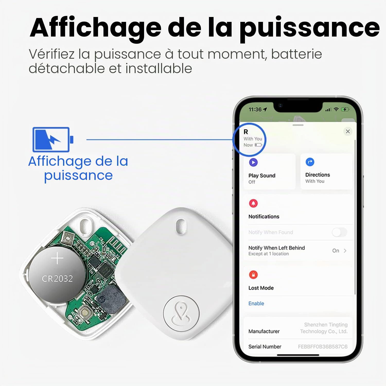 Tracker Bluetooth et localisateur d'articles : localisateur de clés, étiquette intelligente fonctionne avec Apple Find My (compatible uniquement avec iOS) - Batterie remplaçable de 1 an - Tracker