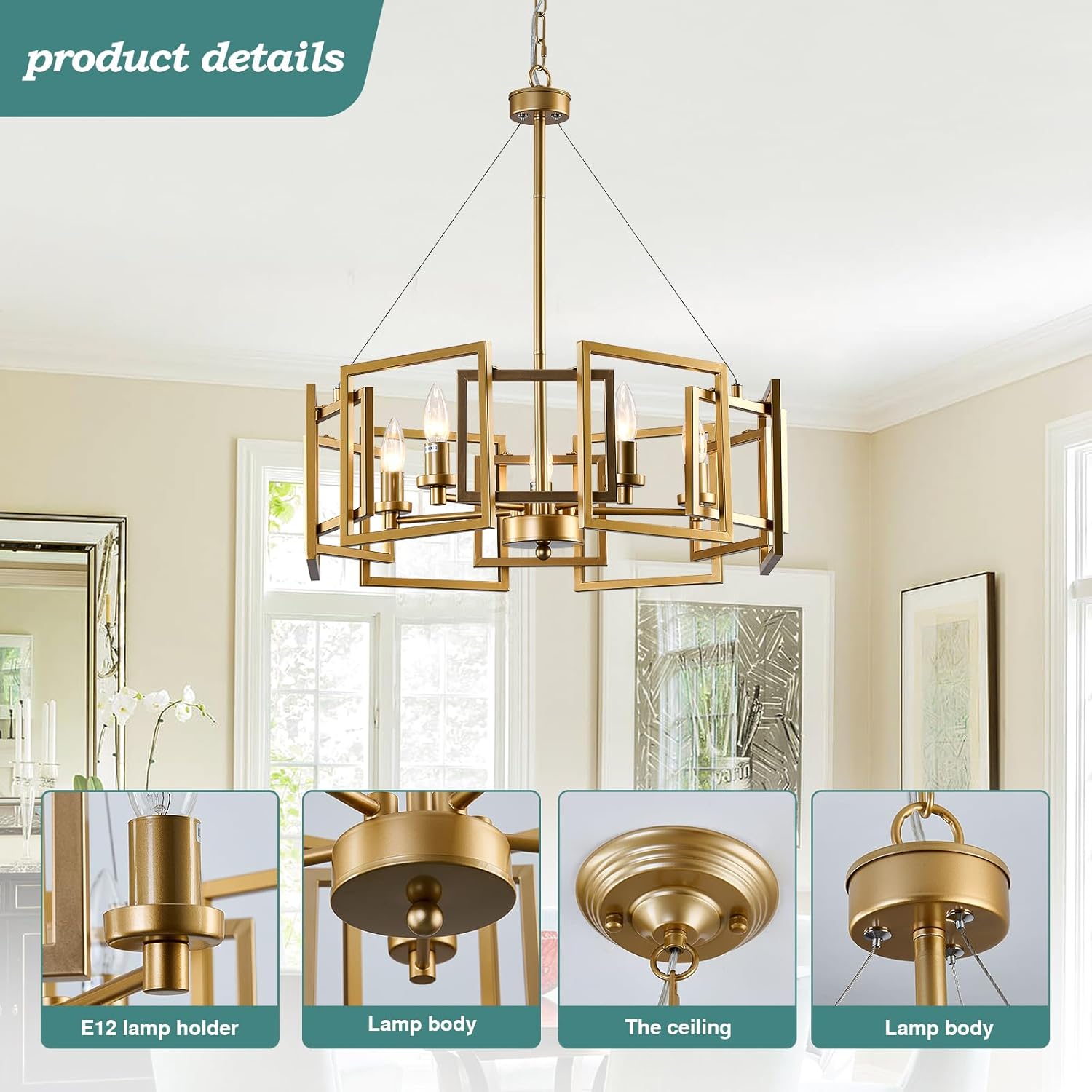 ZGLAOJT Modern Chandelier Gold Geometric Pendant Lighting Fixture 5-Light Metal Farmhouse Chandelier for Dining Room Living Room entryway Kitchen Bedroom Island