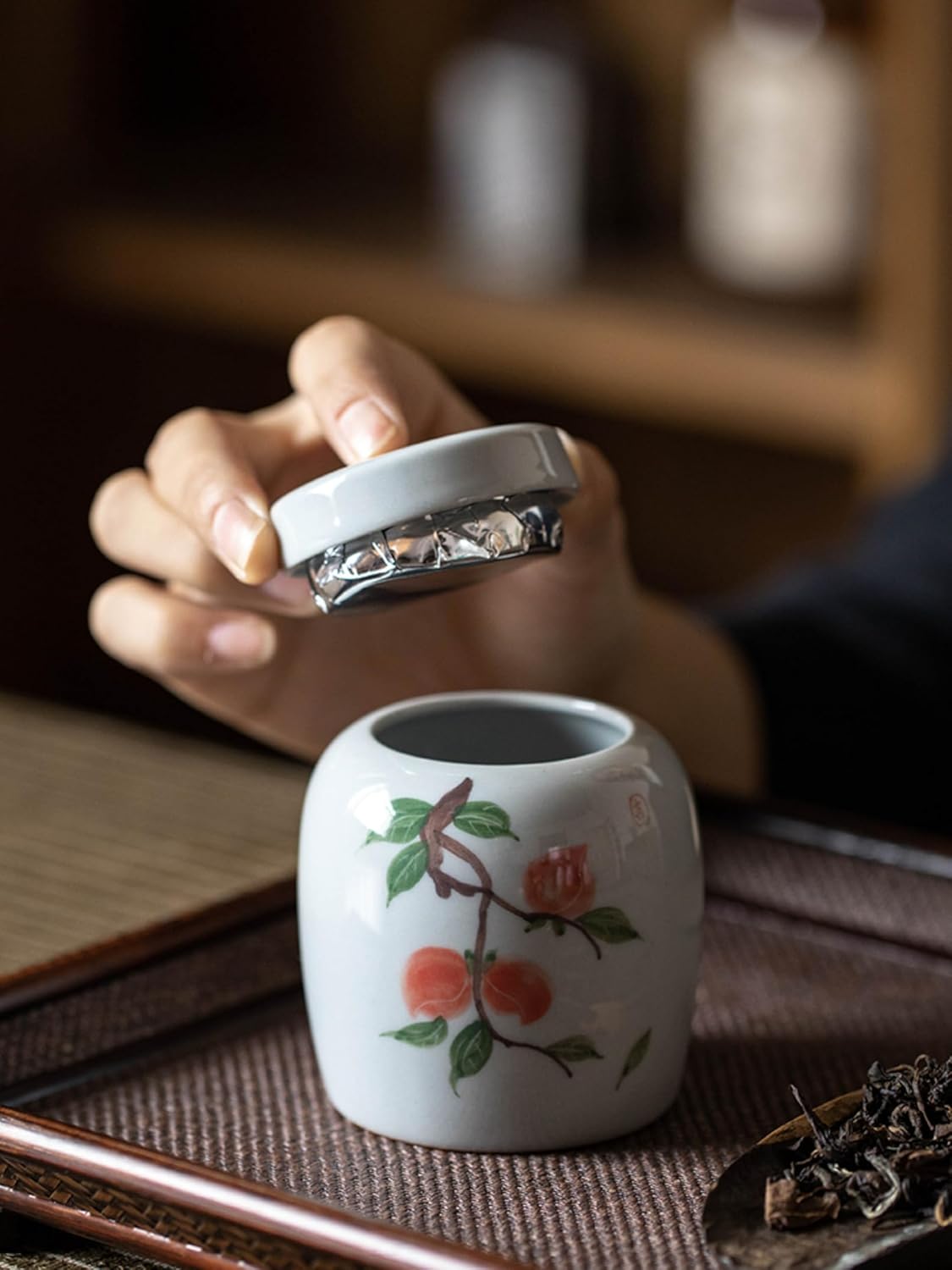 Hand-drawn Tea Caddy Ceramics, 160ml 5.4oz, Storage Tank Chinese Kung Fu Tea Set Accessories