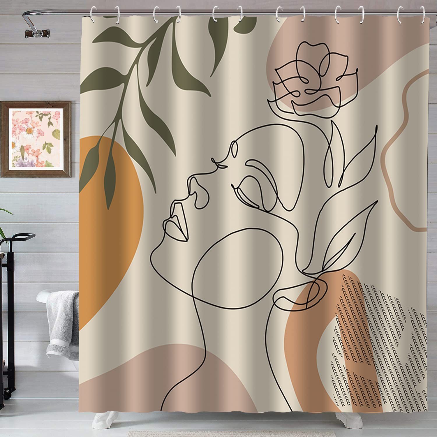 ArrmeHodec Brown Abstract Woman Face Shower Curtain Boho Mid Century Minimalist Waterproof Shower Curtain for Bathroom 72x72 Inches Modern Line Art Bath Curtains