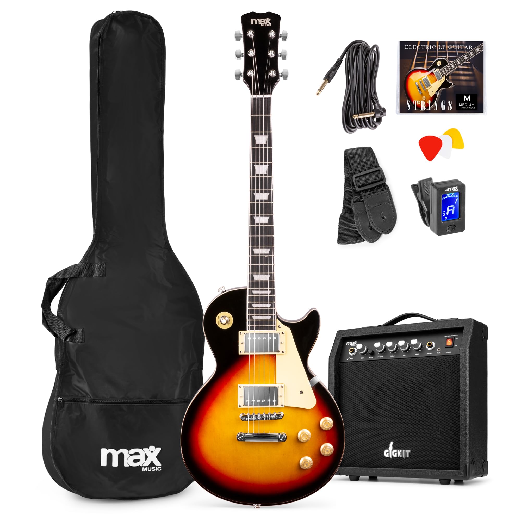 Max GigKit SC E Gitarre, E Gitarren Set mit Gitarrenverstärker, Tasche, Plektrum, Stimmgerät, Instrumentenkabel, Ersatzsaiten, Gitarrengurt, 22 Bünde - Sunburst