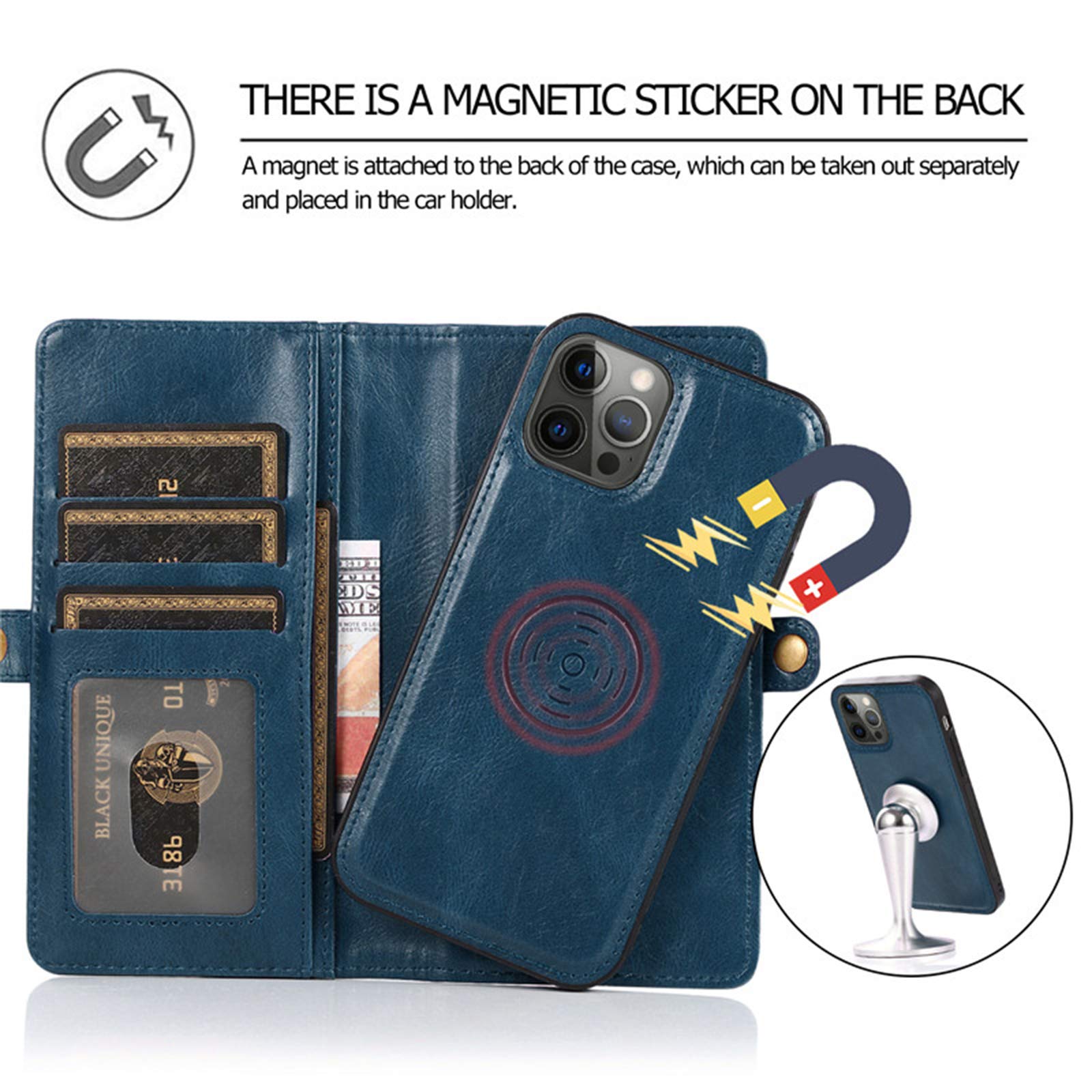 Etui kompatybilne z iPhone 12/12Pro (6,1"), zdejmowane 2 w 1 etui z klapką ze skóry magnetycznej z przegródkami na karty, wielofunkcyjne etui na telefon do iPhone'a 12/12Pro, zielone