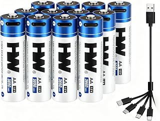 HW Rechargeable Double A Battery [12-Pack], 1.5V 3600mWh Lithium AA Batteries with USB-C Cable, 1000+ Cycles 2a Batteries for Flashlight/Doorbell/Range Finder/Remote Controls/Game Controllers,etc.