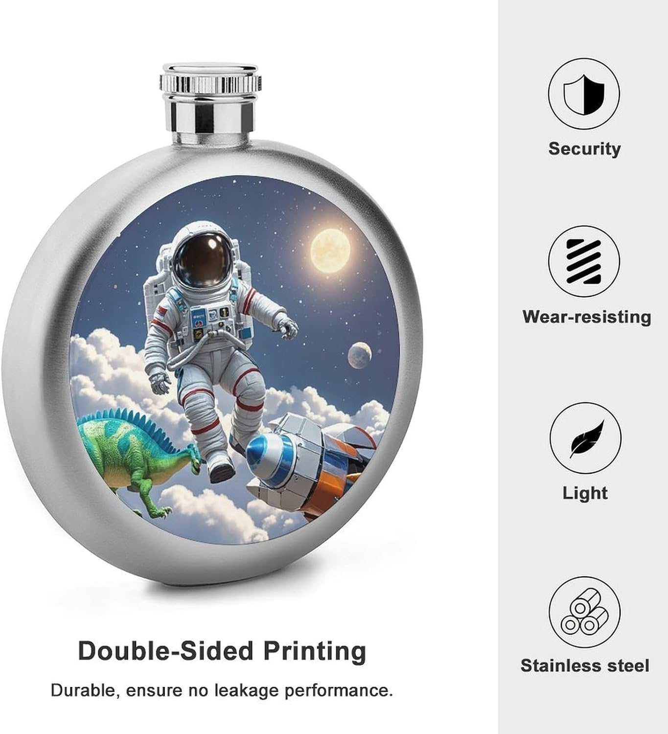 Funny Astronaut Dinosaur Rocket Stainless Steel Flagon to 5 Oz with Screw Cap,Hip Flask for Men–Whiskey & Liquor Pocket Flask,Alcohol Flagon for Camping Drink Sports Outdoor Wine Bottle
