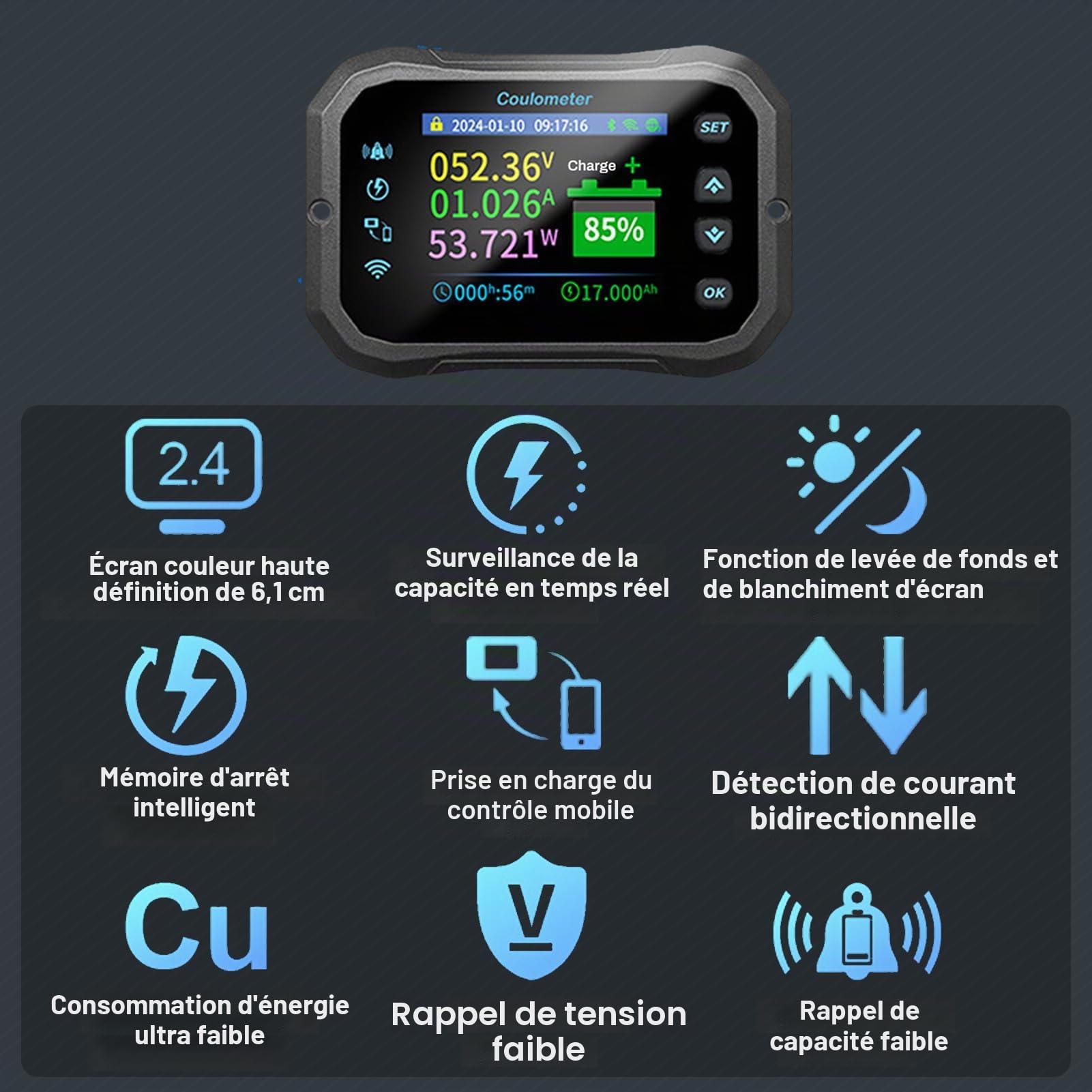 100A wifi moniteur batterie 12V 24V 36V 48V 72V moniteur batterie 10-100V affichage tension app télécommande moniteur batterie caravane garde batterie (KM110F avec alarmes)