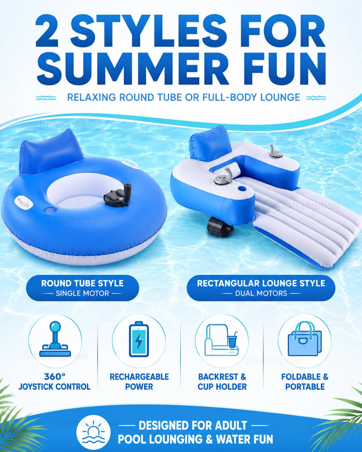 Galleggiante motorizzato per piscina, lettino elettrico con batteria ricaricabile, doppia elica, portabicchieri, maniglie e schienale per feste in piscina e divertimento all'aperto
