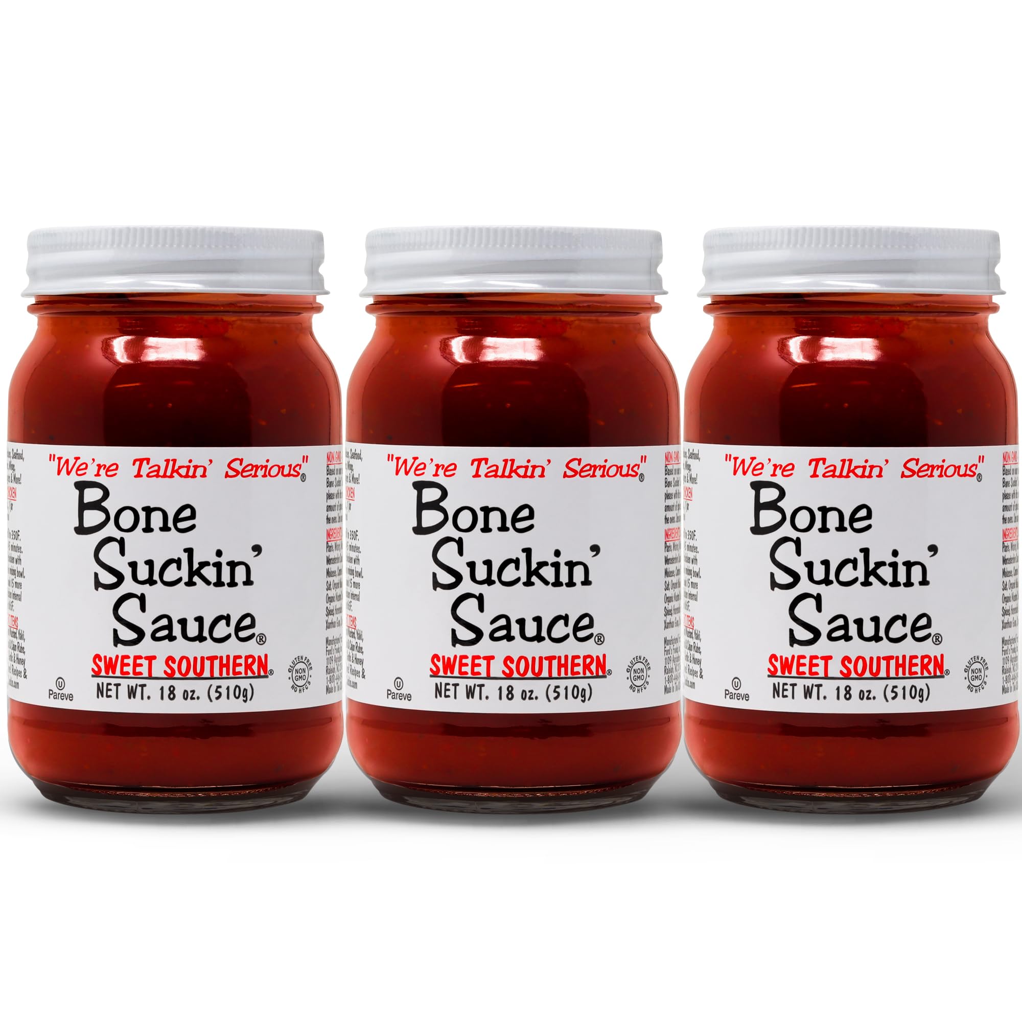 Bone Suckin' Sauce Sweet Southern BBQ Sauce, Gluten-Free, Non-GMO, Kosher, Barbecue Sauce Sweetened with Cane Sugar & Molasses, All-Purpose Barbecue Sauce, For Ribs, Chicken, Pork, Beef (18 Ounces (Pack of 3), Sweet Southern)