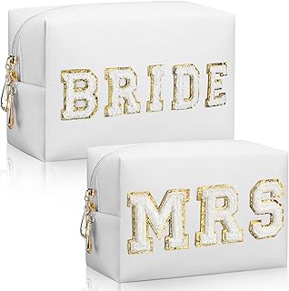 2 Pcs Bride Mrs Makeup Bag Bride Patch Cosmetic Bag Wifey Travel Toiletry Purse White Letter Waterproof Pouch Wedding Bridal Shower Honeymoon Gift for Women Girl Party Organizer