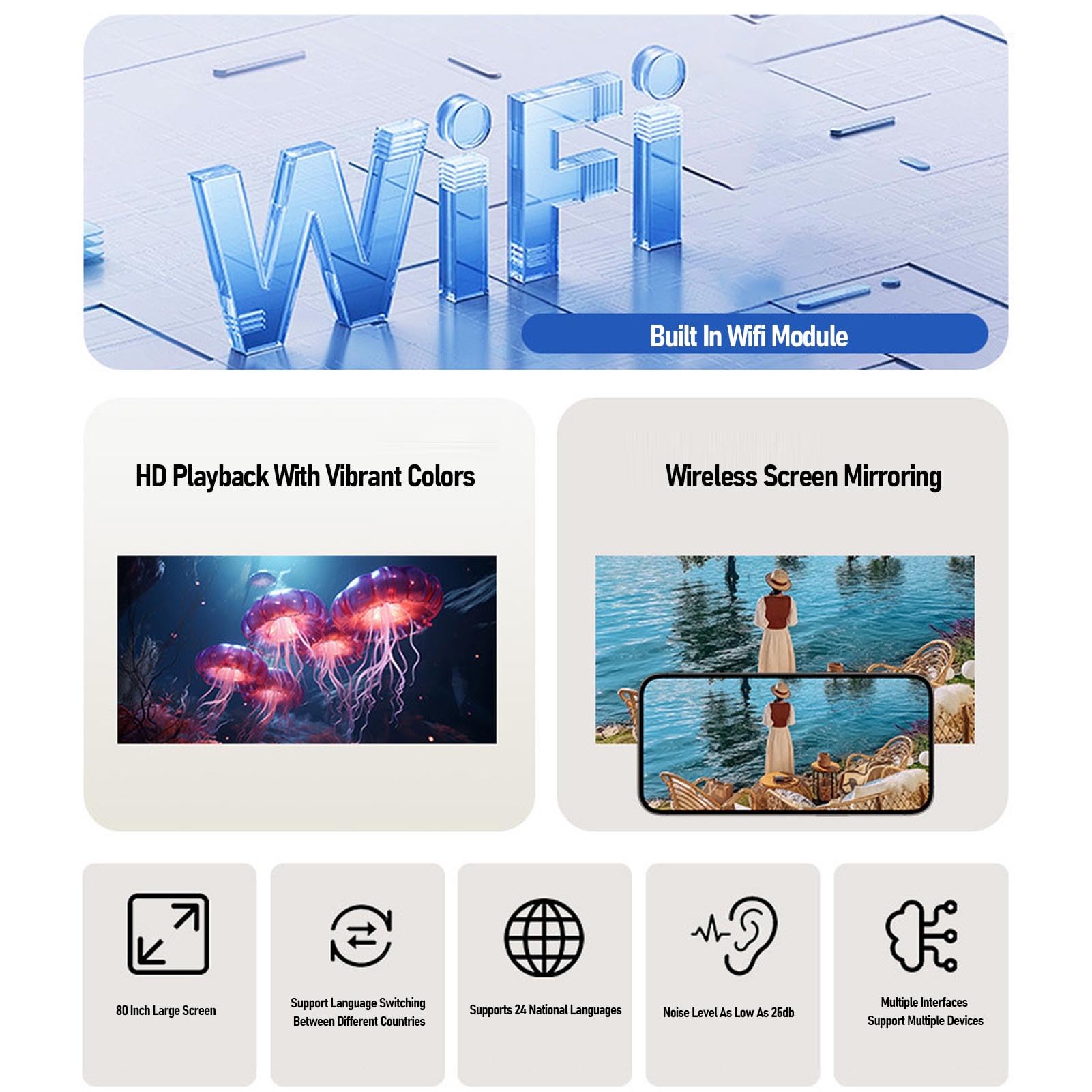 SENECESLI Mini Projecteur HD Portable avec WiFi | Vidéo Cinéma Maison, Faible Bruit, Rotation à 240°, Connectivité Polyvalente