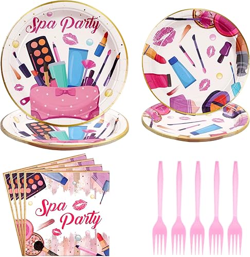 Juego de 96 platos de fiesta de cumpleaños de spa, servilletas, tenedores, juego de vajilla temática de spa para niños y niñas, suministros de