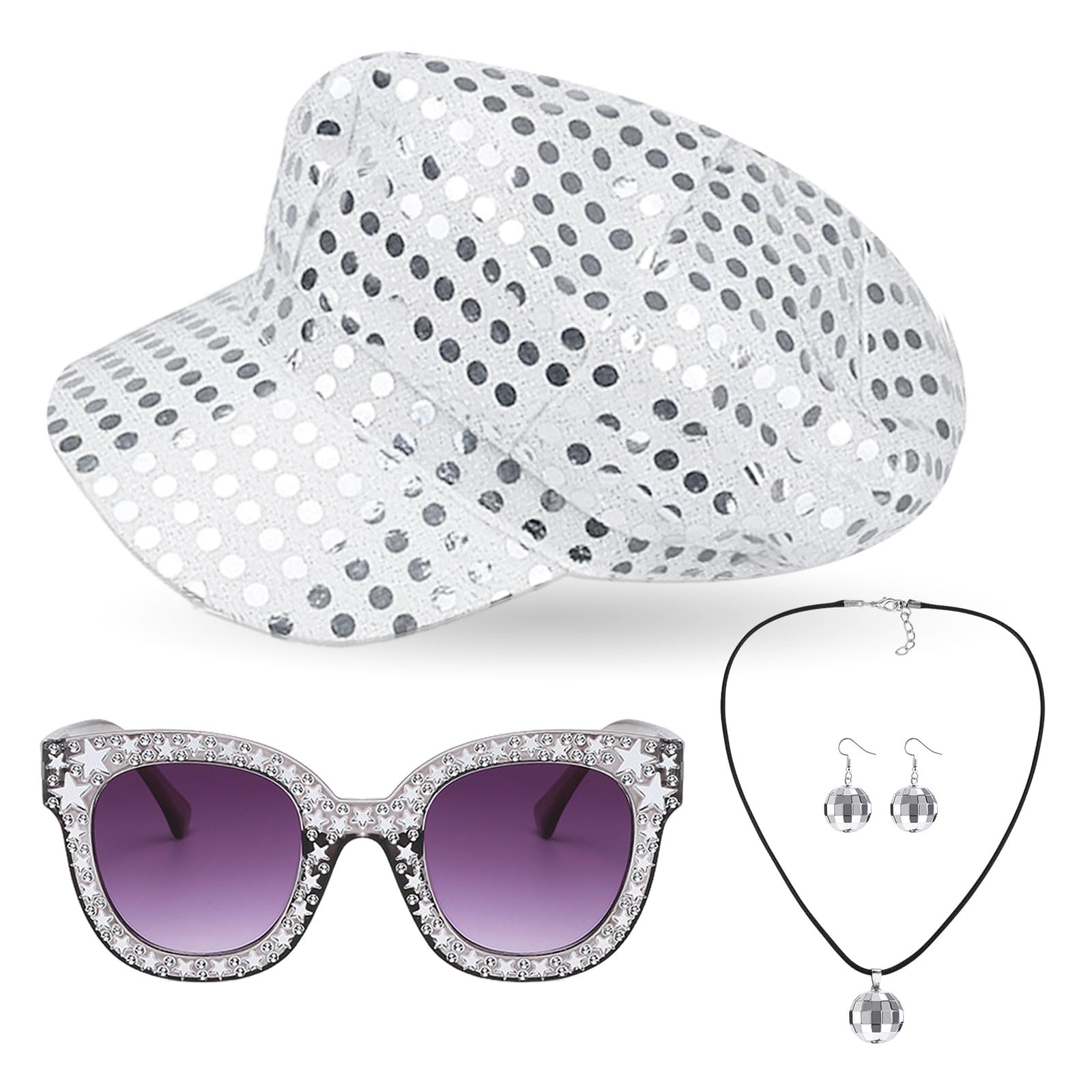 Beamely 4Pcs 70s Disco Sequin Hat Accessories Set for Women, 1970s Disco Fancy Dress Costume with Shiny Sunglasses Sequin Necklace Earrings Retro Style for Ladies Dress Up Disco Party, Silver