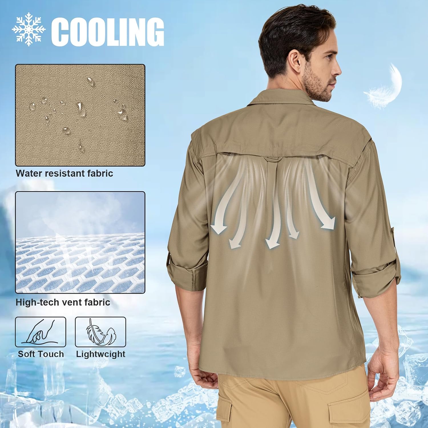 Men Sun Protection Safari Fishing Shirts Long Sleeve UPF50+ UV Lightweight Quick Dry Cooling Hiking Travel Button Down Shirt