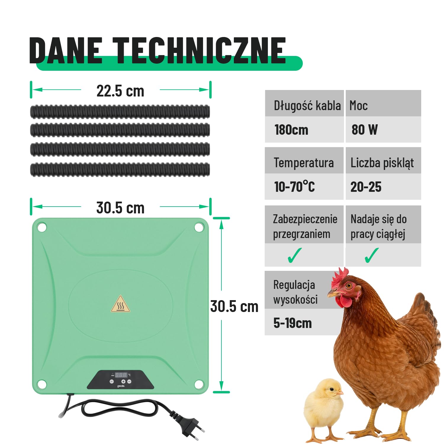 greate Płyta grzewcza 80 W dla piskląt 30 x 30 cm – płyta grzewcza do hodowli piskląt z regulacją wysokości i regulacja w zakresie 10-70 °C z wyświetlaczem LED – płyta grzewcza dla kurcząt – płyta