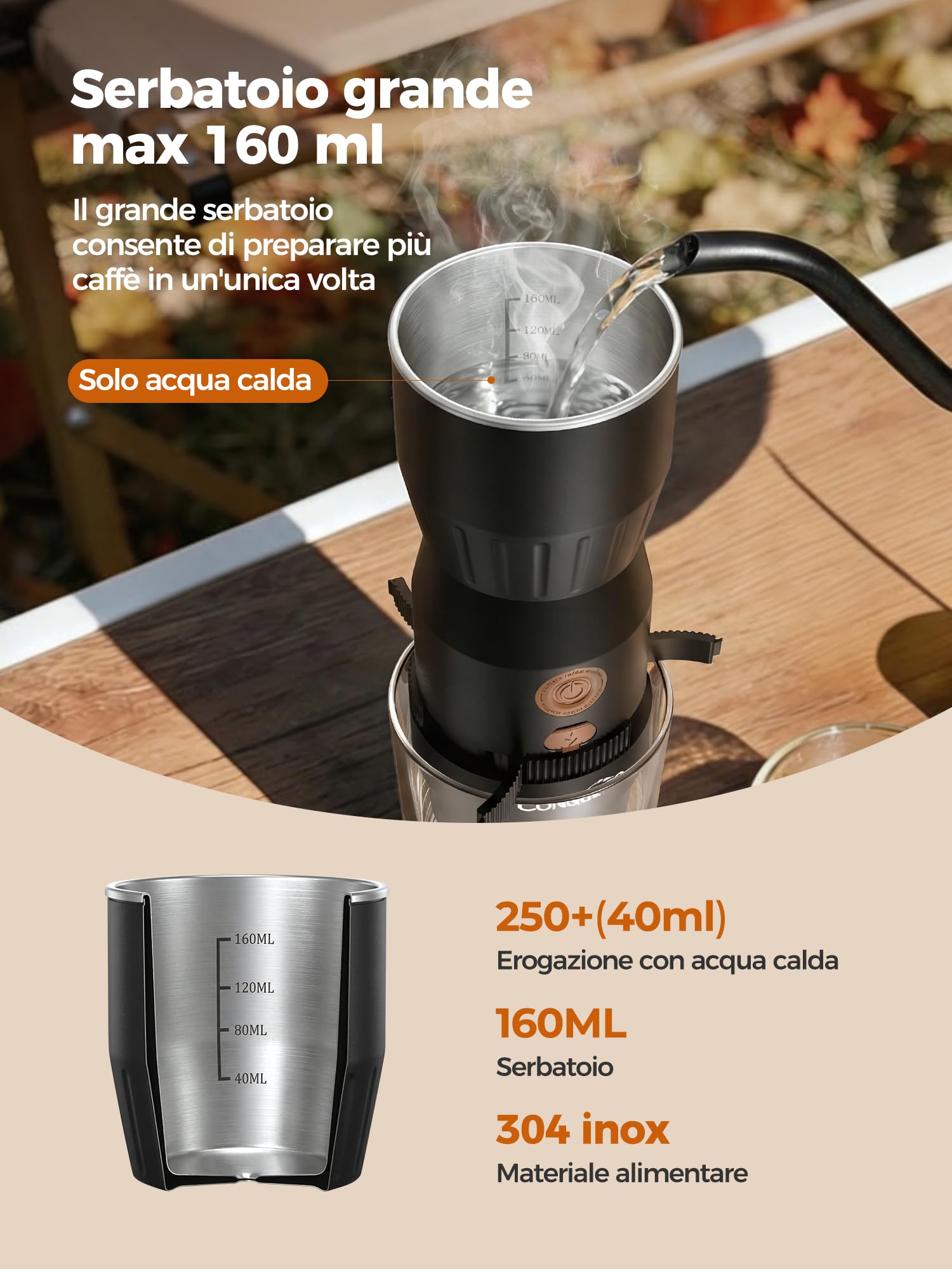 CONQUECO Macchina Caffè Portatile 2in1, 455g Ultraleggera Non Riscalda l’Acqua (Richiede Acqua Calda), Serbatoio 160ml, Cialde NS e Macinato, USB-C 250 Tazzine, 30s Estrazione, Per Campeggio e Viaggio