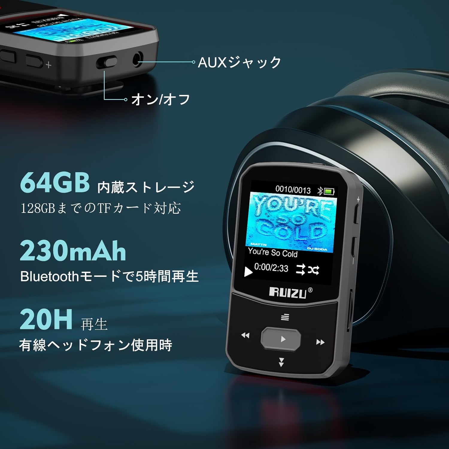 RUIZU X52 MP3 Player showing 64GB internal storage, 128GB TF card support, 230mAh battery, and playback times