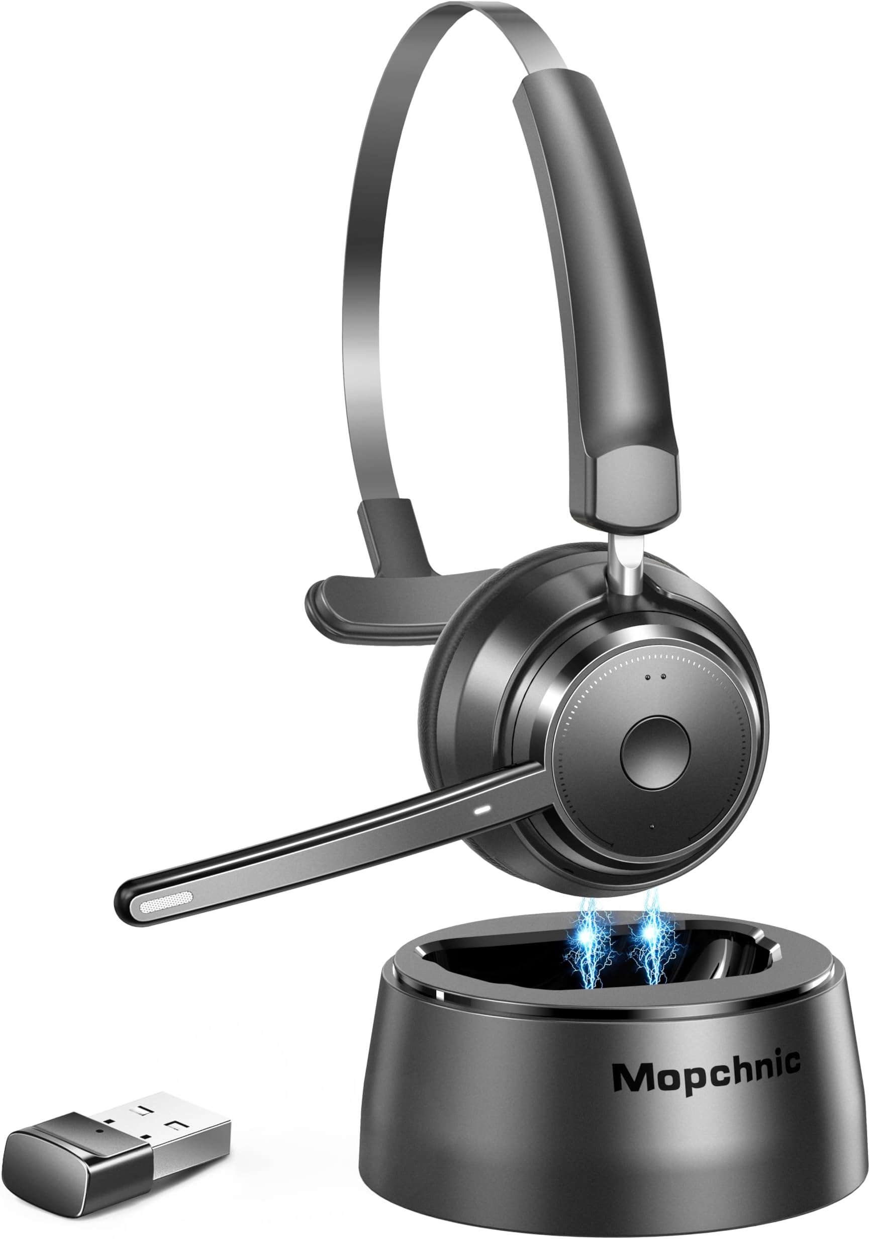 Bluetooth Headset, Wireless Headset with Microphone for Computer, On Ear Bluetooth Headset with USB Dongle for Office Call Center Skype Zoom Meeting Online Class (Dark Gray)