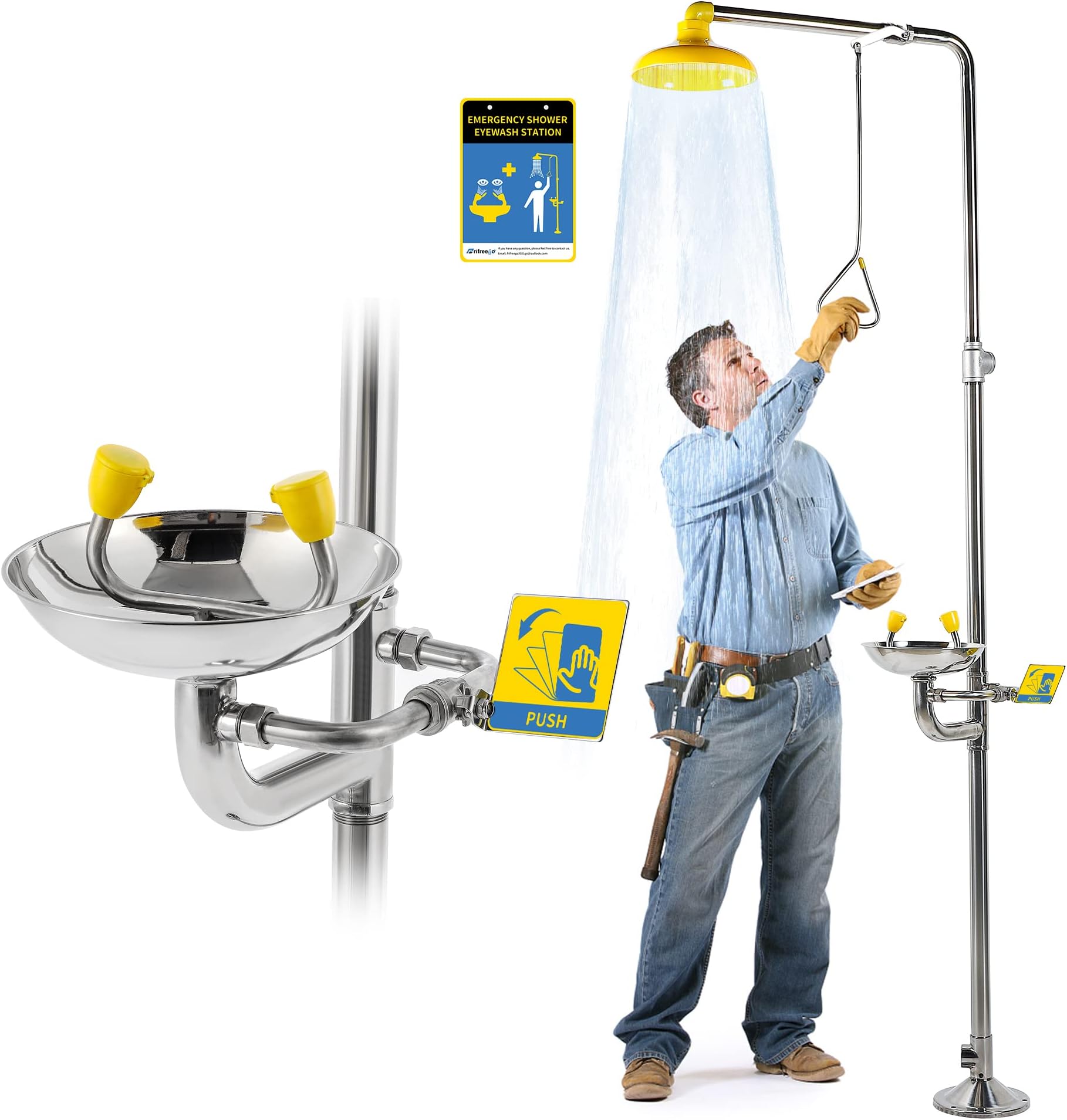 Combination Eye Wash Station and Shower, Emergency Shower Eyewash Station OSHA Approved, Stand Plumbing Eye Washing Unit for Industrial & Commercial & Lab Use, Stainless Steel, NPT Threads