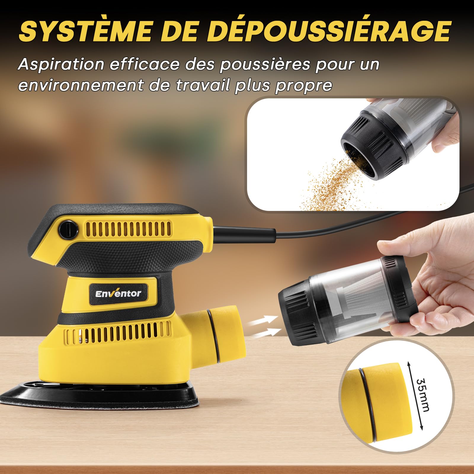 Enventor Ponceuse Excentrique 210W, avec 16 Feuilles Abrasives, 15000 tr/min, Système auto-agrippant, sac à poussière, idéale pour les angles et les Bords, Bois et Métal