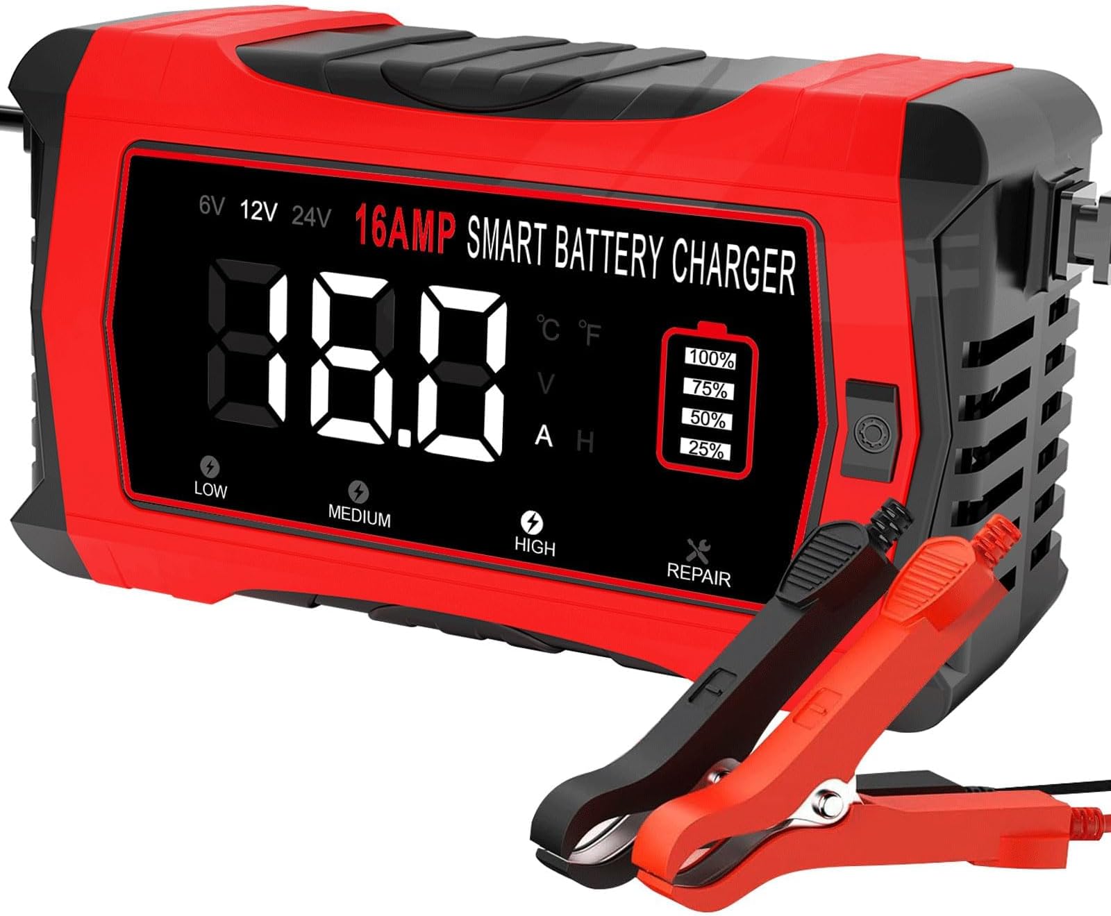 – HTRC 16A Car Battery Charger 6V/12V/24V, Trickle Charger LiFePO4 Battery Charger with 10-Stage LCD & Pulse Repair, Motorcycle Battery Charger for Lead-Acid/LiFePO4