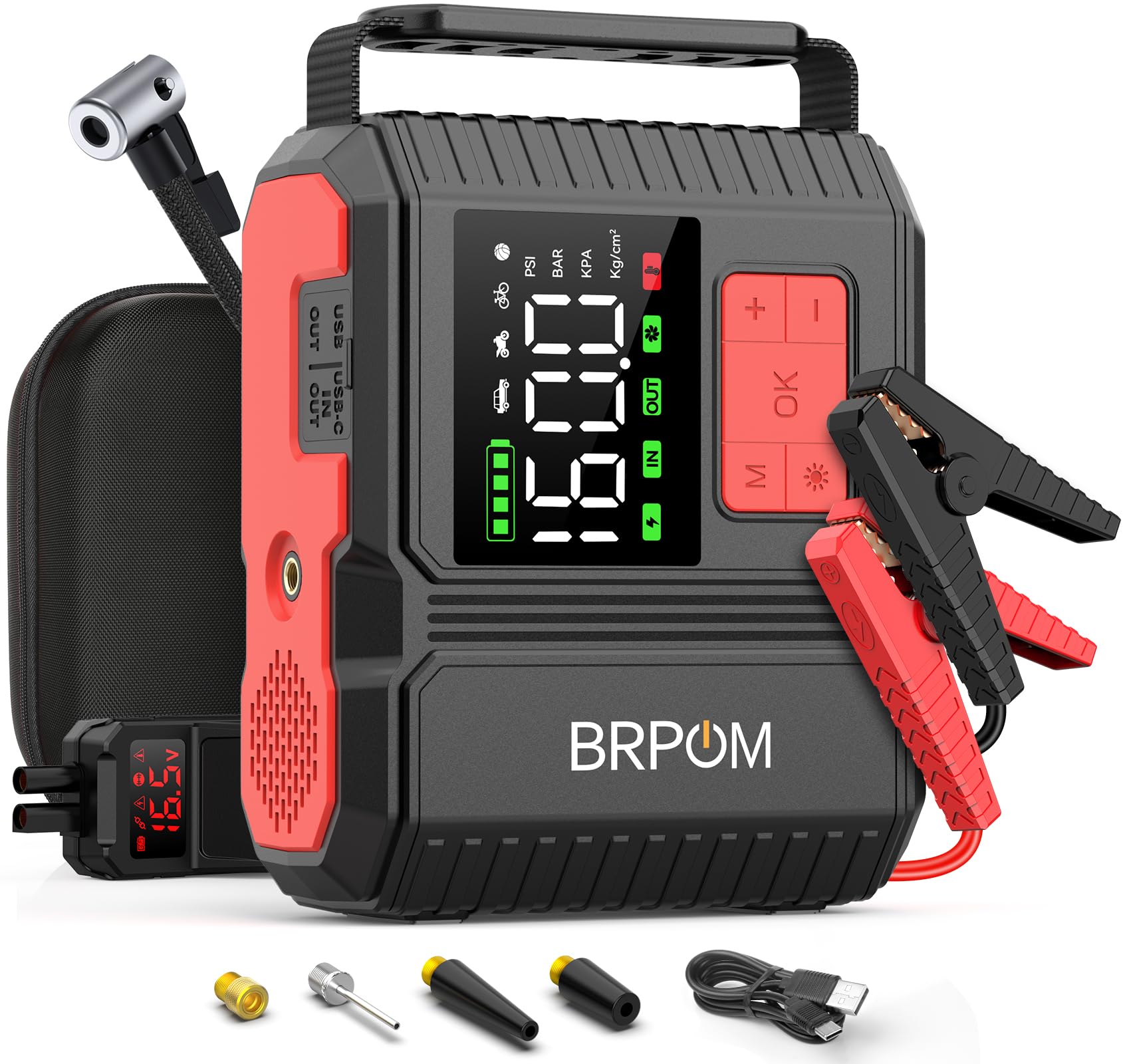 BRPOM Booster Battery 3000 A 24000 mAh 150 PSI Car Tyre Inflator 12 V Portable Car Jump Starter for Vehicles (Gas or 8 L Diesel) with LED Light, LCD Display, 12 Months Standby Time (BM600)