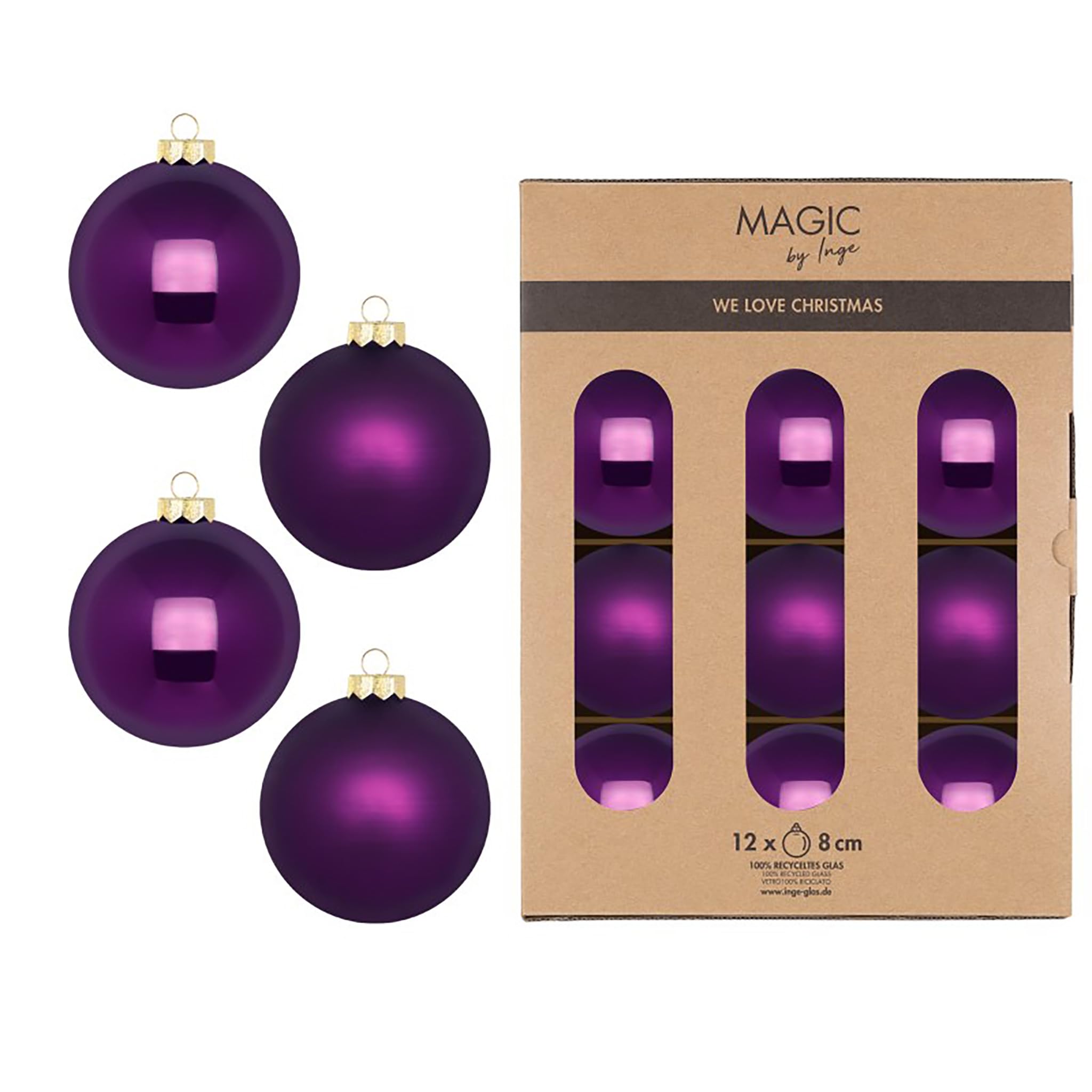 Boules de Noël en verre violet 8 cm décoration sapin et table Inge-glas x12