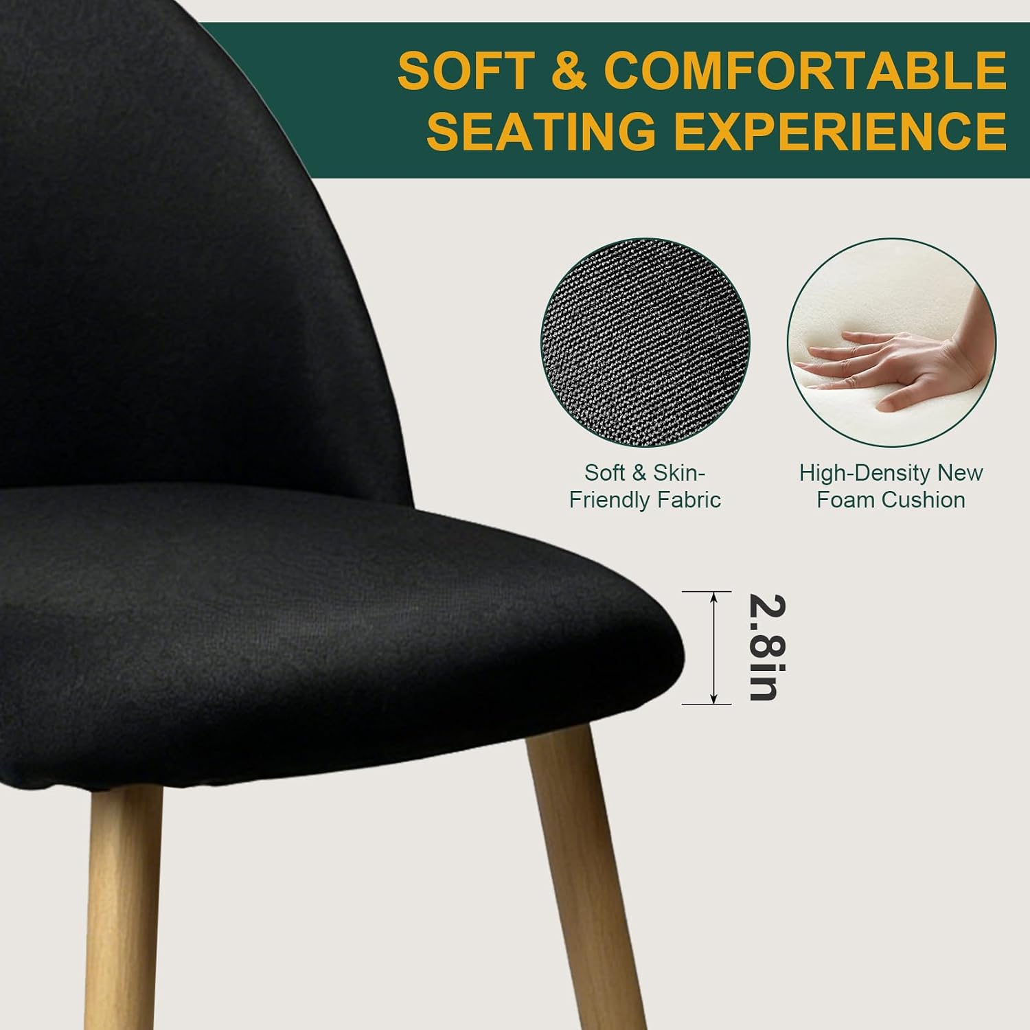 Dining Chairs Set of 2, Upholstered Linen Fabric Kitchen Chairs Mid Century Dining Room Chairs with Sturdy Metal Legs, Modern Side Chairs for Dining Room & Living Room, Vanity, Patio, Black