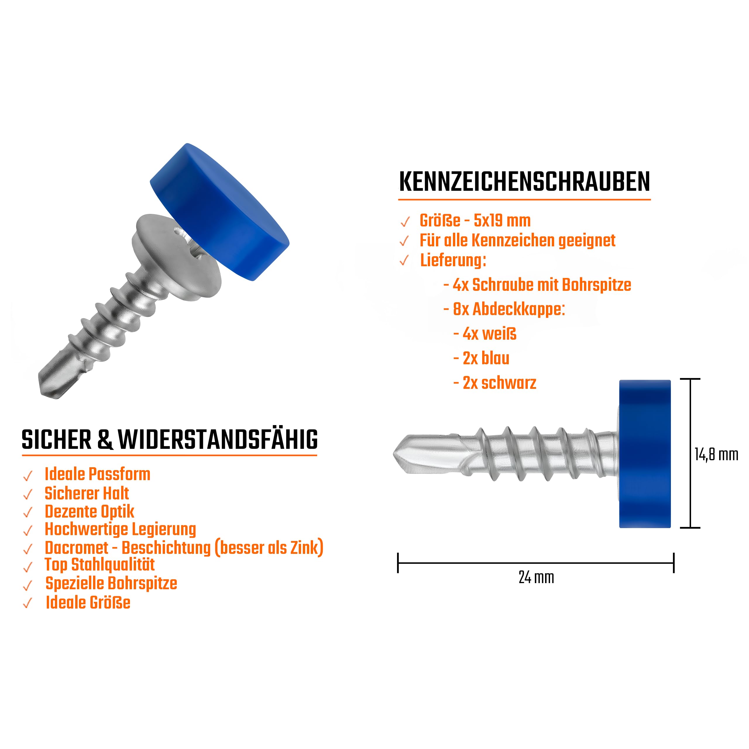 Set 4 Viti Per Targa Con Tappi - 5x19mm Autoforanti, Acciaio Dacromet, Tappi Bianchi/Blu/Neri - Foto 7